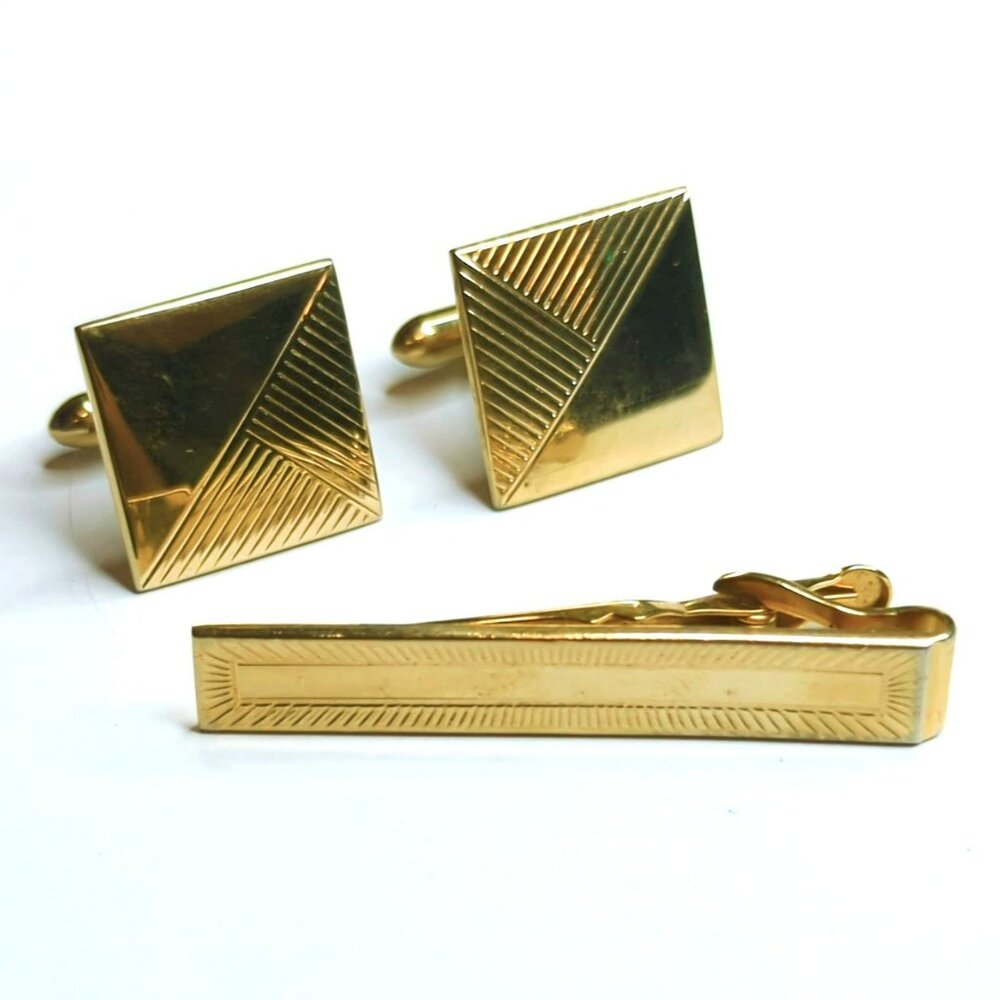 Vintage Swank Gold-Tone Square Geometric Cufflinks & Tie Clip Set
